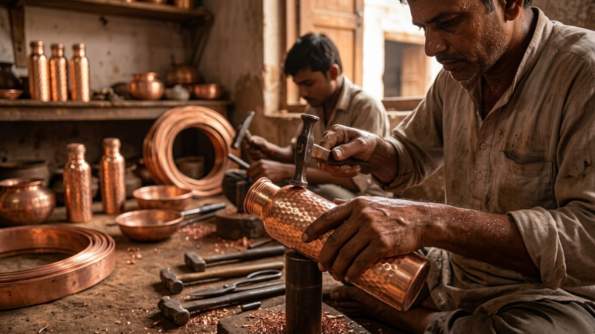 Handmade copper jewelry in Helen's workshop