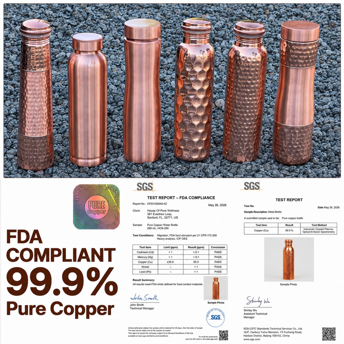 SGS lab report and FDA compliance certificate for House of Pure Wellness pure copper bottle